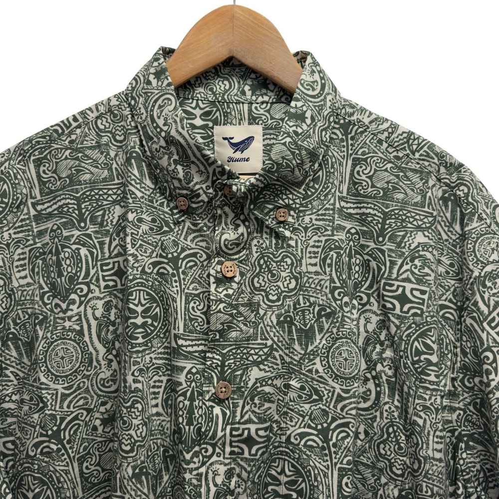 Yiume Mens Size XL Green Polynesian Tribal Hawaiian Button Down Cotton Shirt euc